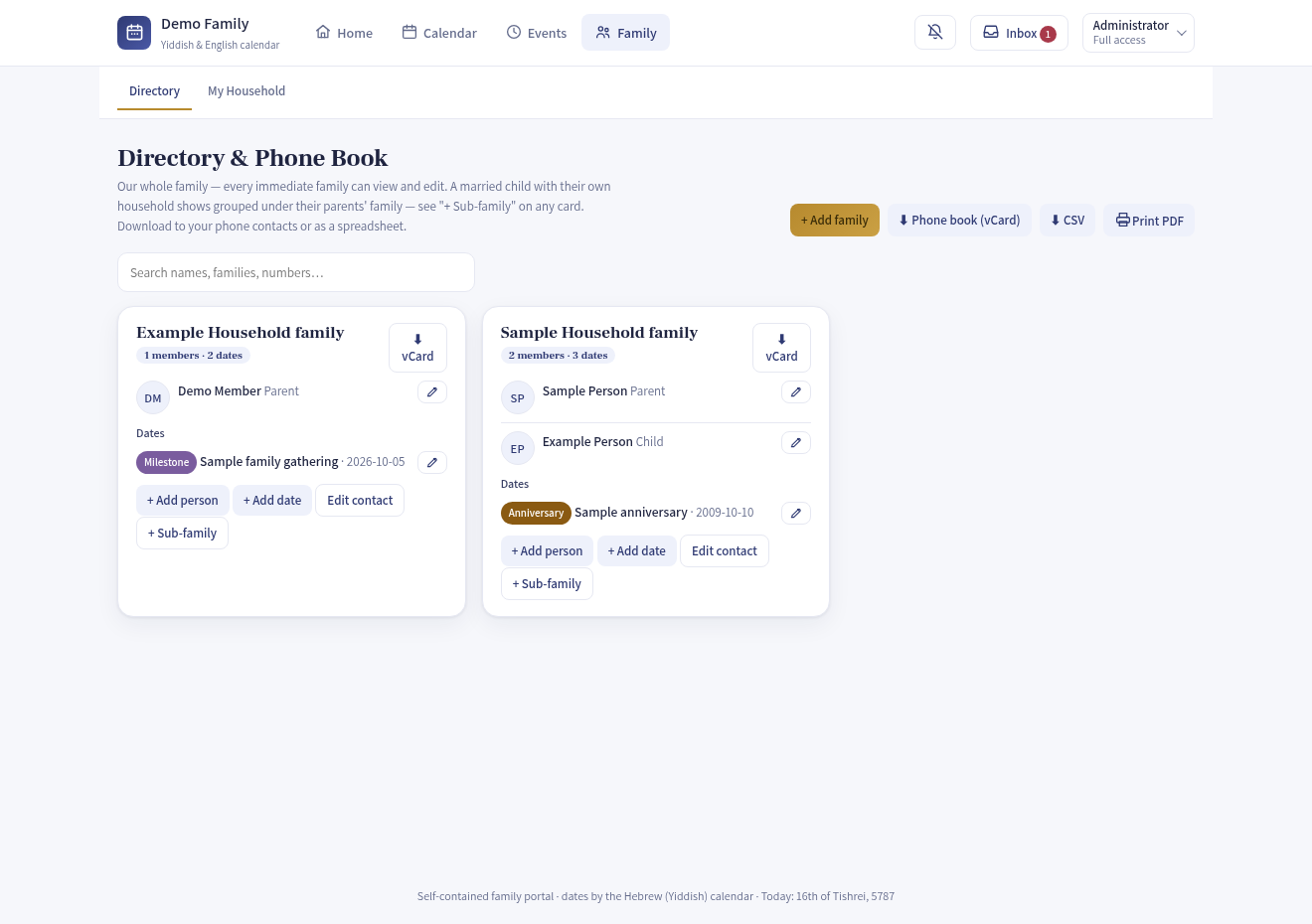 Portal directory with fictional household and member records