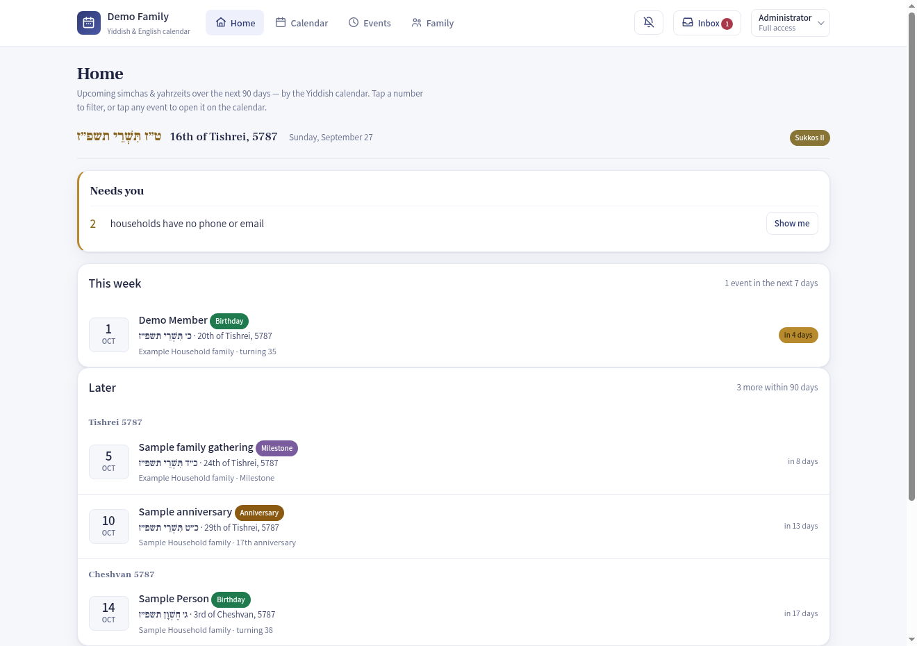 Portal dashboard with fictional upcoming family events