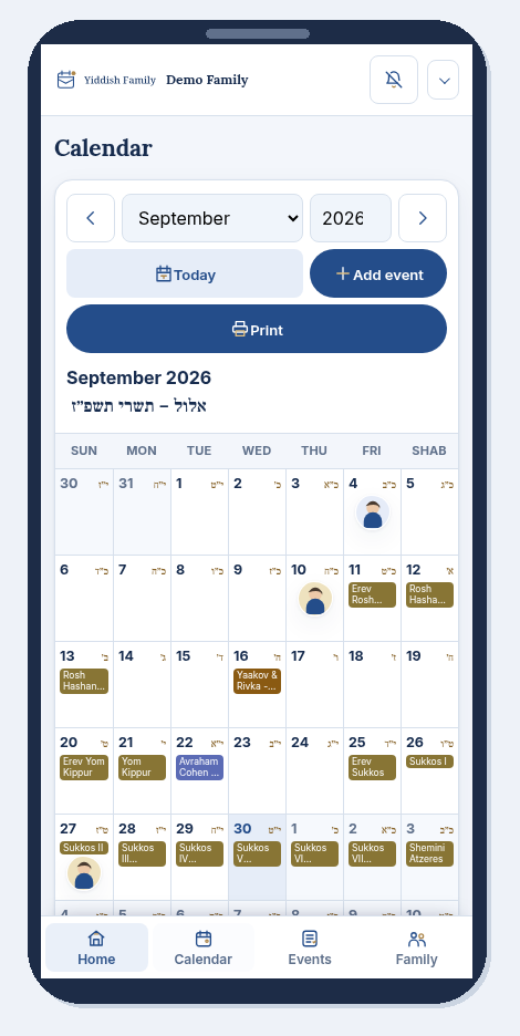 Yiddish Family calendar on a phone with fictional avatar illustrations