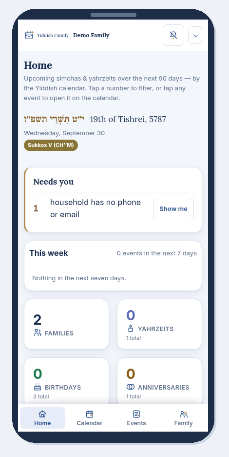 Yiddish Family home screen on a phone, using fictional demo records