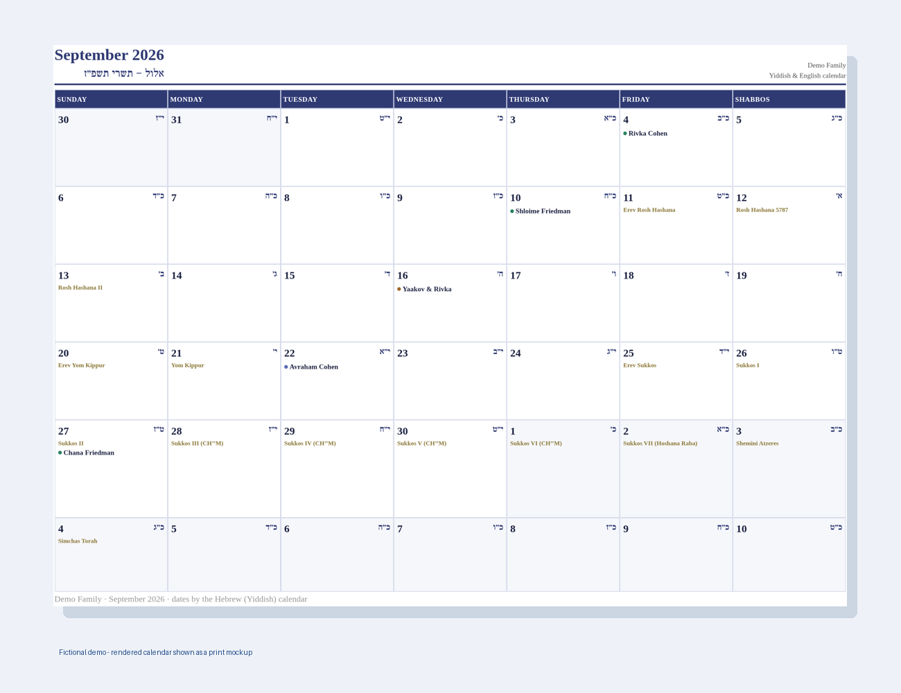 Classic printed calendar mockup without pictures, fictional demo