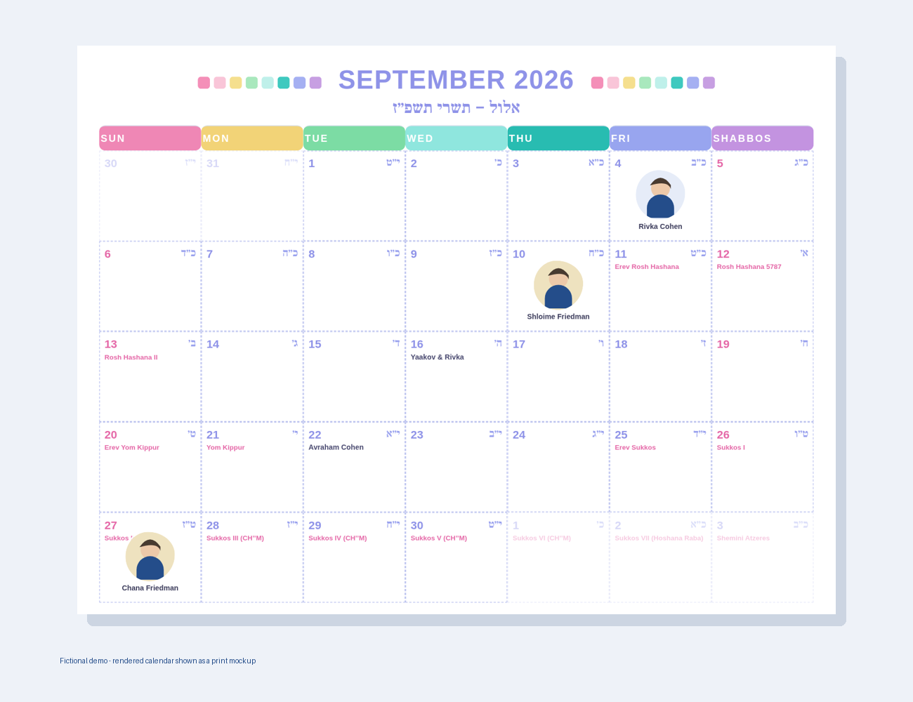 Picture calendar print mockup with fictional avatar illustrations